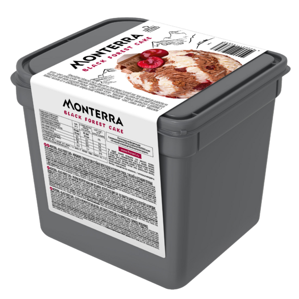 “MONTERRA” creamy chocolate ice cream flavored with cream, cherries and cookie pieces